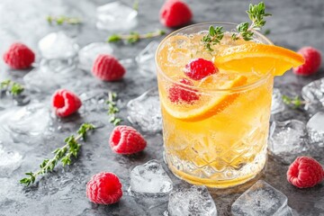 Poster - Refreshing summer cocktail with raspberries and oranges garnished with thyme on a marble surface