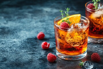 Poster - Refreshing summer cocktails with berries and citrus on dark stone surface