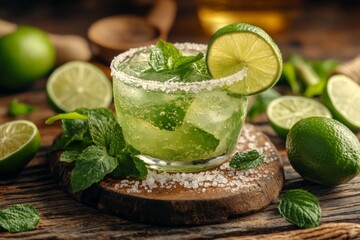 Poster - Refreshing mint cocktail garnished with lime and mint leaves on a rustic wooden table