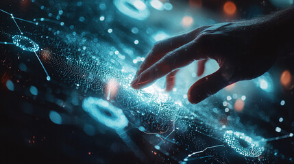 Poster - A hand interacting with a futuristic interface displaying glowing blue circles and connecting lines