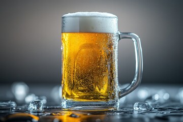 Poster - Refreshing cold beer served in a frosty mug on a smooth surface with ice cubes during evening relaxation