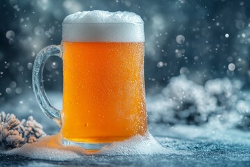 Poster - Beer mug filled with frothy beverage sits on a snowy table during a winter evening