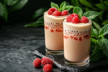 Aufkleber - Refreshing raspberry smoothies in glass cups garnished with fresh mint leaves on a dark stone surface