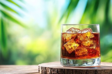 Poster - Refreshing glass of beverage with ice cubes placed on a wooden table in a tropical setting surrounded by greenery