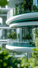 Poster - Modern building balcony with glass railings, showcasing indoor plants and a minimalist design, symbolizing sustainable architecture and urban green spaces