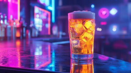 Poster - A frosty beer glass with ice, sitting on a bar counter with a blurred neon-lit background.