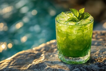 Poster - Refreshing green cocktail enjoyed by the poolside during a sunny afternoon gathering