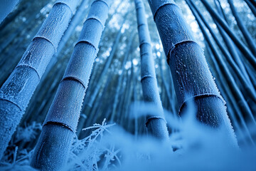 Aufkleber - Close-up of frost-covered bamboo stalks, creating a textured blue scene. Symbolizes winter, serenity, and nature's beauty, ideal for a tranquil aesthetic