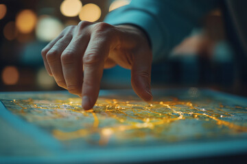 Poster - A hand pointing at a glowing map with city lights in the background in a futuristic setting