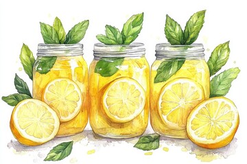 Aufkleber - Refreshing lemonade jars with mint arranged on a white background for a summer vibe