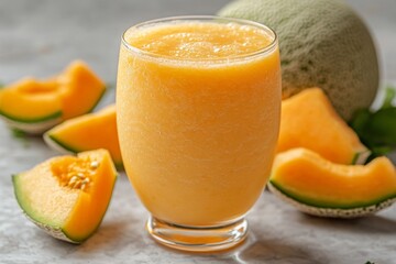 Poster - Refreshing cantaloupe smoothie served in a glass with fresh fruit on a table during sunny afternoon