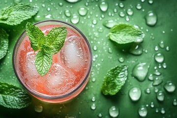 Aufkleber - Refreshing summer drink with mint and ice on a vibrant green backdrop