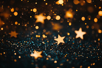 Poster - Golden stars and bokeh lights scattered over a dark glittery surface creating a magical atmosphere