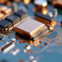 Aufkleber - Close-Up of Gold Microprocessor on Teal Circuit Board