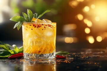 Poster - Refreshing summer cocktail with herbs and spices on a dark bar surface at sunset