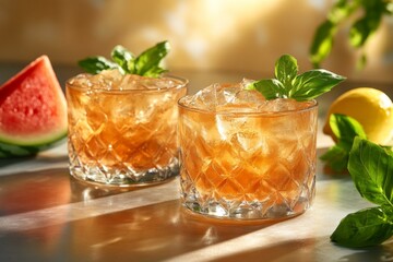 Poster - Refreshing summer cocktails with watermelon, lemon, and fresh basil in stylish glasses
