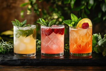 Poster - Refreshing cocktails featuring mint, berries, and citrus on a wooden surface in a cozy, rustic setting