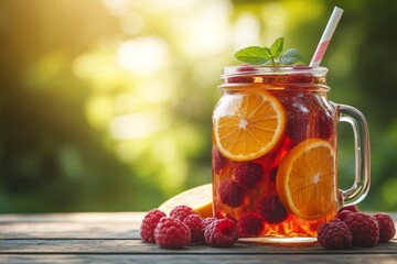 Poster - Refreshing summer beverage with raspberries and oranges in a glass jar on a wooden table