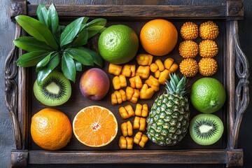 Poster - Colorful variety of fresh fruits arranged neatly on a wooden tray with green leaves in a well-lit setting