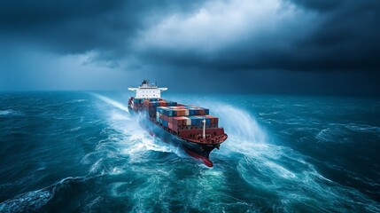 Poster - A powerful storm approaching a large container ship in the middle of the ocean.