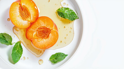 Poster - Fresh apricot halves on white plate with mint leaves and honey for summer cuisine concepts