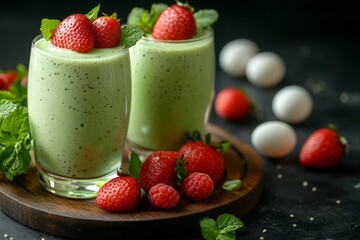Aufkleber - Refreshing mint strawberry smoothies served in tall glasses with fresh fruits on a dark wooden table