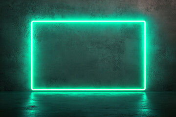 Poster - Neon green rectangle frame against a dark textured wall with reflective surface below it