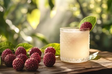 Poster - Refreshing lychee cocktail garnished with fresh fruit in a sunny garden setting