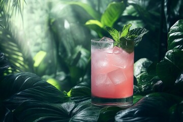 Poster - Refreshing pink cocktail garnished with mint leaves beside lush green foliage in a vibrant tropical setting