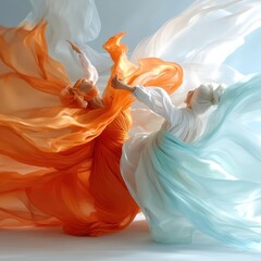 Poster - Dynamic Women in Flowing Orange and Teal Fabrics