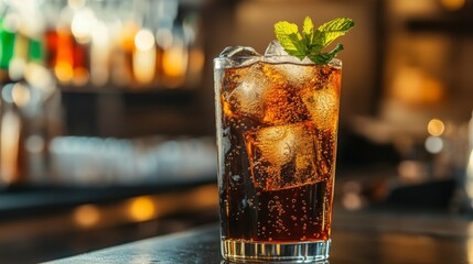 Poster - A refreshing soda with ice and a mint leaf garnish, placed on a bar counter.