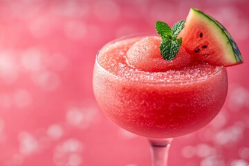 Poster - Refreshing watermelon slush served in a cocktail glass with mint garnish and pink background for summer enjoyment