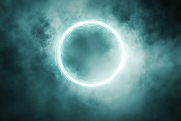 Poster - A glowing circle surrounded by a misty teal background with a bright light emanating from the center