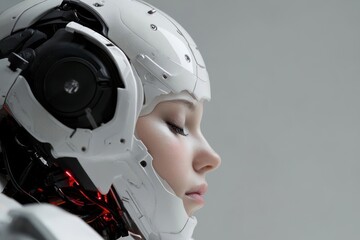 Poster - Woman in Futuristic White Helmet, Close Up Profile View