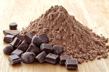 Poster - Rich dark chocolate powder and chips on wooden surface ready for baking or dessert preparation in a cozy kitchen
