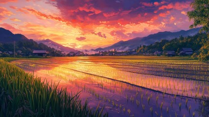 Poster - A scenic view of a rural rice paddy at dusk, with the sky painted in orange and pink hues.