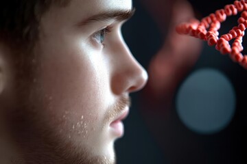 Poster - Young Man Contemplating a Stylized DNA Structure