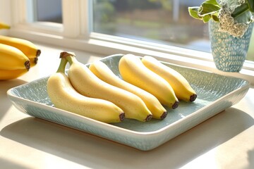 Poster - Fresh ripe bananas arranged on a light blue platter by a sunny window during the afternoon