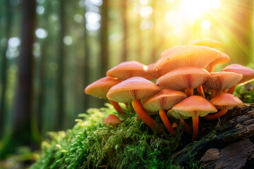 Poster - Close-up of orange mushrooms growing on mossy wood, sunlight filtering through forest background, conveying a sense of natural beauty and serenity