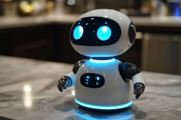 Poster - Smart robot assistant with glowing features in a modern kitchen setting at night