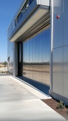 Poster - A sleek, contemporary building features large reflective doors that shimmer in the sunlight, set against a backdrop of a serene outdoor landscape, emphasizing harmony and design