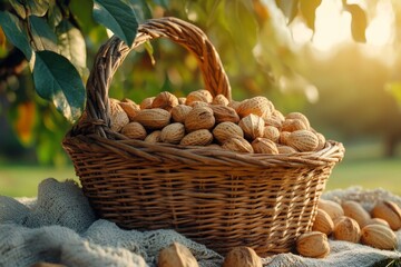Poster - Harvesting fresh almonds in a sunlit orchard during the golden hours of late summer