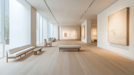 Poster - A spacious, modern minimalist living room with white walls, light wood flooring, and simple yet elegant furniture.