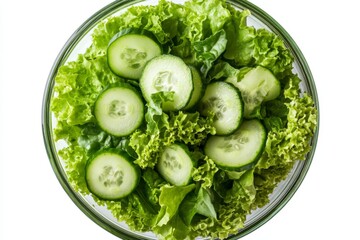 Poster - Fresh green salad with crisp lettuce and cucumber slices prepared in a glass bowl for a healthy meal option at lunchtime
