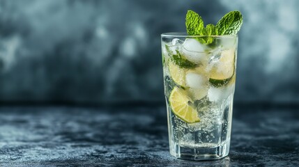 Poster - A sparkling soda with ice, lime slices, and fresh mint leaves in a stylish glass.