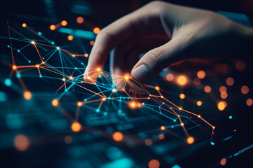 Poster - A hand interacting with a digital network of interconnected lines and glowing nodes in dark setting