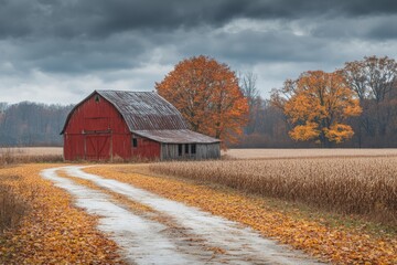 Poster - Red barn along a winding dirt road surrounded by autumn foliage in a rural landscape