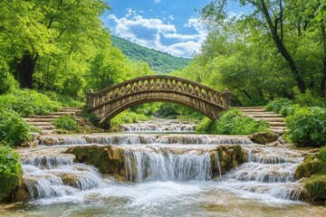 Poster - Beautiful stone bridge over flowing waterfall in serene forest surrounded by lush greenery on a sunny day