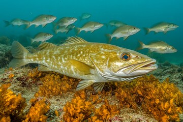 Poster - Colorful underwater scene with a large fish swimming among smaller fish near coral reef