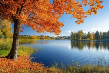 Poster - beautiful autumn landscape featuring vibrant orange leaves by a serene lake at midday
